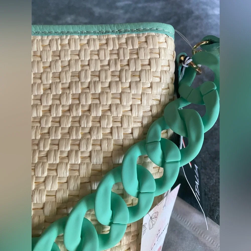 STELLA BIANCA Aqua Raffia Chain Crossbody Bag With Leather Trim Made In … - Picture 5 of 11
